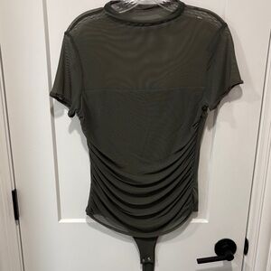 Amazon Olive Green Sheer Short Sleeve Ruched Bodysuit